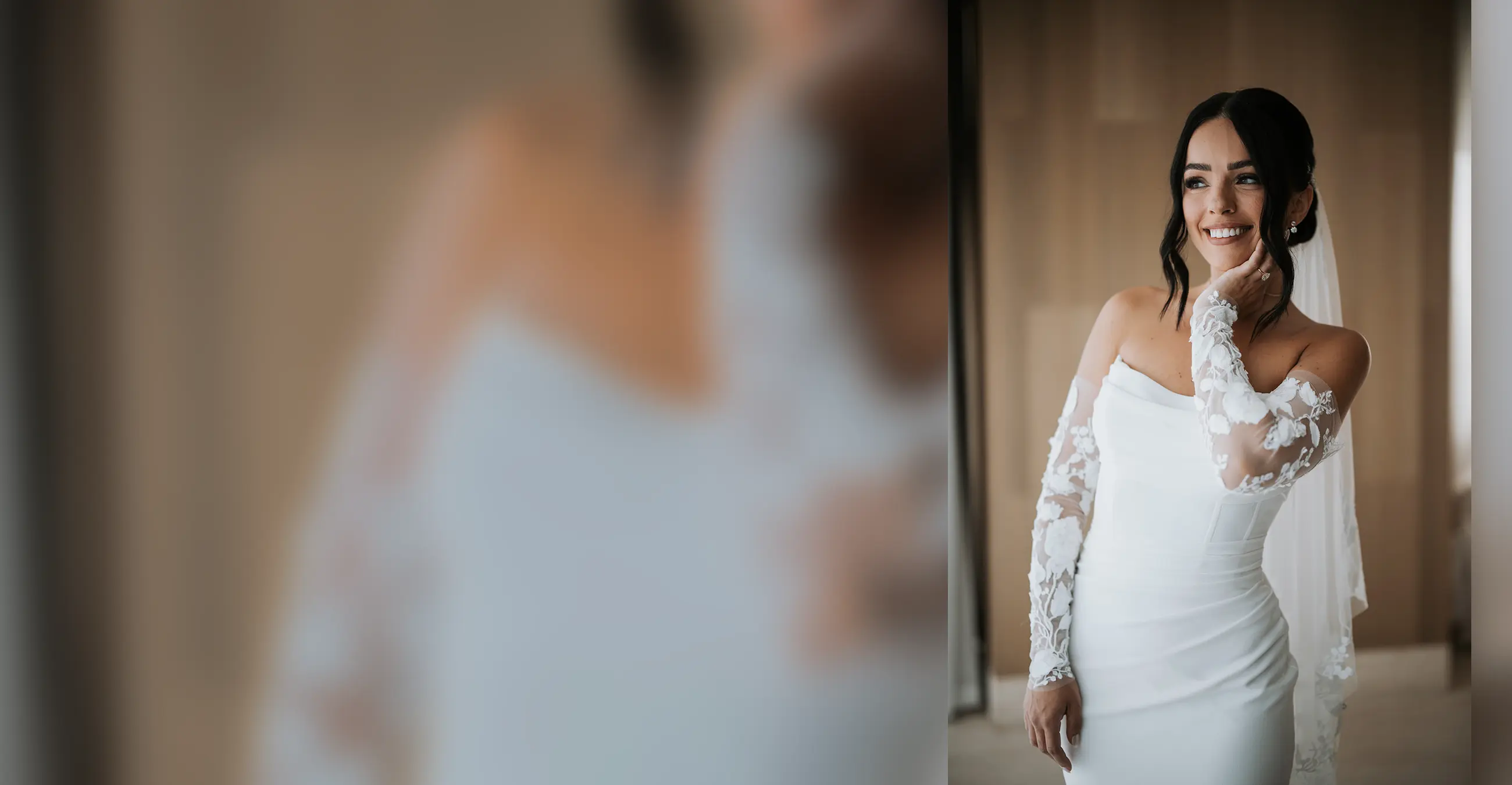 Full-length destination bride with luminous makeup by Sara Tamargo