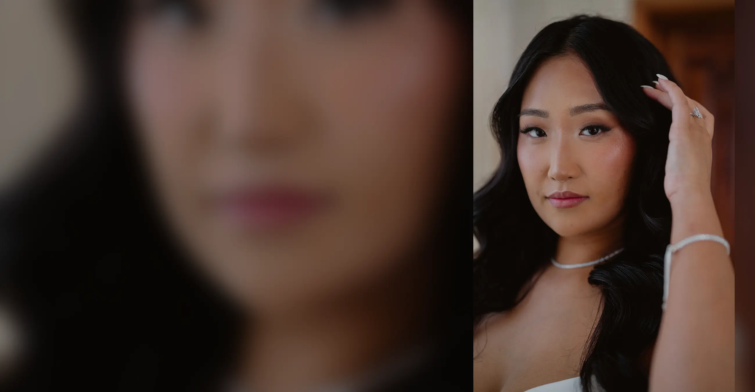 Full bridal portrait with refined makeup and glossy waves by Sara Tamargo